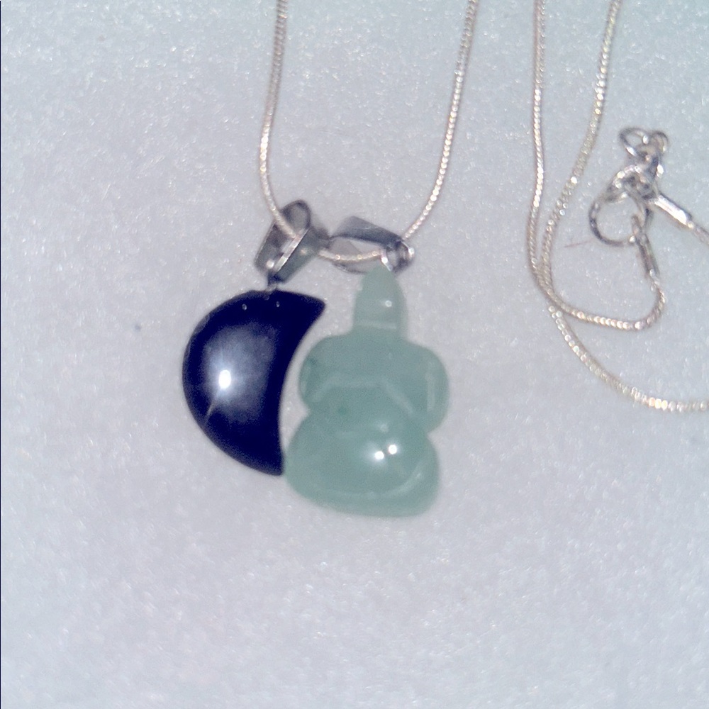 Onyx Moon and Jade turtle 🐢 sterling silver 16” necklace